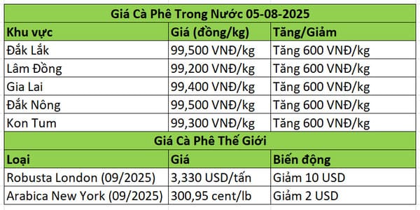 Giá Cà Phê Hôm Nay 05/08/2025 - Ổn Định Gần 100K